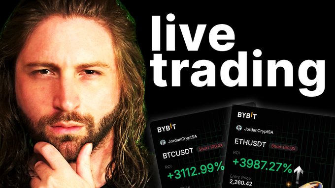 A 'live trading' promotional graphic featuring a man with long hair and beard alongside Bybit trading screenshots showing +3112.99% ROI on BTCUSDT and +3987.27% ROI on ETHUSDT.