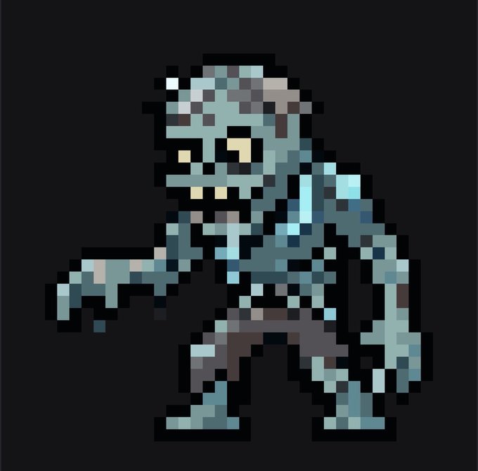 A pixel art sprite of a blue-skinned zombie-like character against a black background, styled like a retro video game asset.