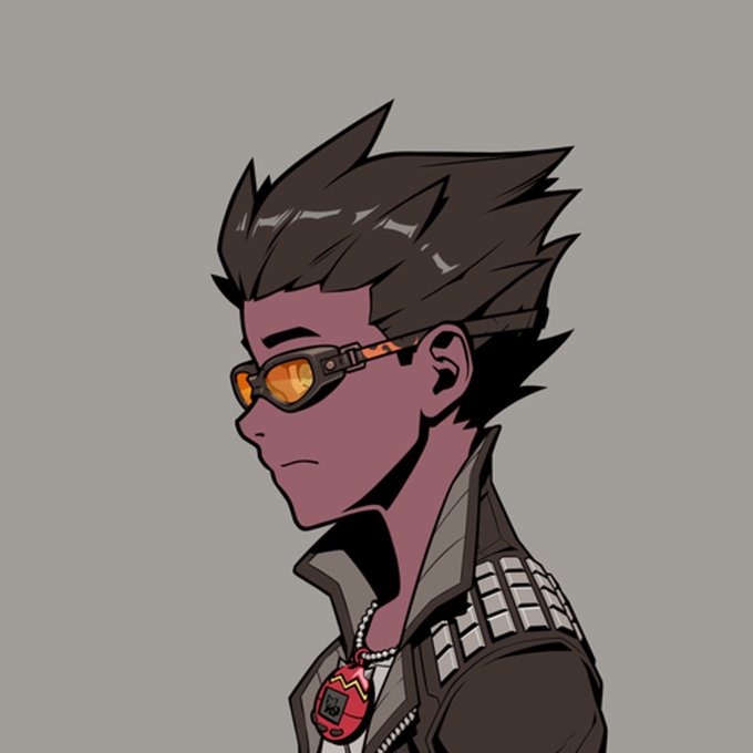A side-profile anime-style character with spiky brown hair, orange-tinted goggles, and a dark jacket, shown against a gray background.
