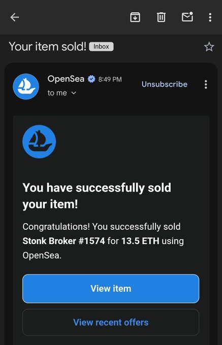 An email notification from OpenSea confirms a successful NFT sale: "Stonk Broker #1574" sold for 13.5 ETH. The image supports the post celebrating taking profits, thanks to collaborators @zubic_eth and @OxSimpleFarmer.