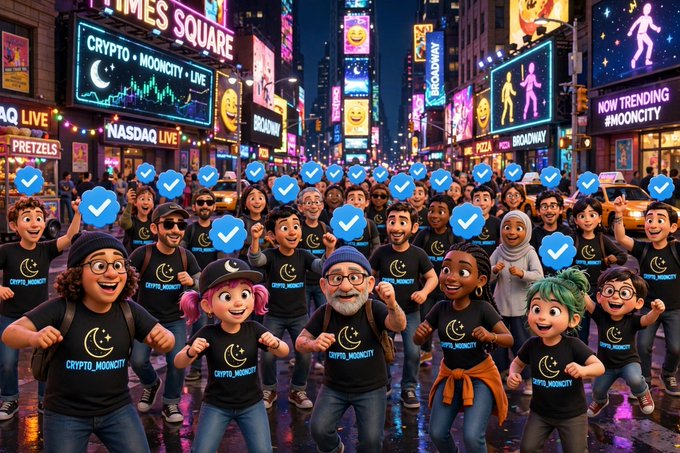 A colorful, stylized digital illustration of a crowd of people wearing 'CRYPTO_MOONCITY' shirts, with blue verified checkmark icons floating around them in a vibrant Times Square-like setting featuring NASDAQ LIVE and CRYPTO MOONCITY billboards.