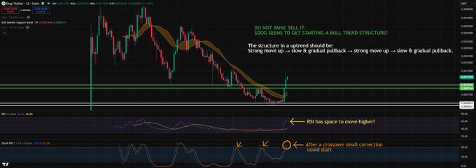 The image shows a DOG/USDT weekly chart with candlestick patterns and technical indicators (RSI and Stochastic RSI) at the bottom, with annotations noting "DO NOT PANIC SELL IT - DOG SEEMS TO GET STARTING A BULL TREND STRUCTURE" and highlighting that the RSI has room to move higher, supporting the post's view of continued bullish momentum before a potential pullback.