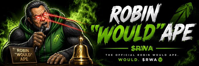 A fierce, muscular ape wearing a green hoodie labeled "Robin Would Ape" stands behind a podium and golden bell, with glowing red laser eyes shooting forward. The graphic promotes the newly launched $RWA token, framed as the official "Robin Would Ape" aiming to become the defining meme of the Robinhood narrative, with its contract address (CA: 0x53644ed2bffE3e8416A455a5E79Ebe374a3834AE) displayed on @ponsdotfamily.
