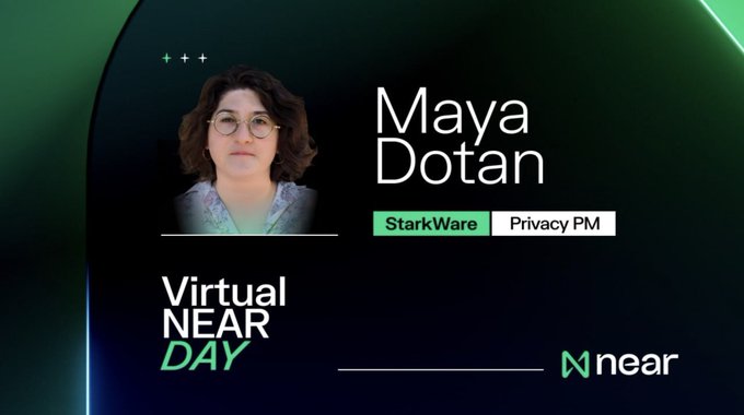 Promotional graphic for "Virtual NEAR Day" featuring speaker Maya Dotan, identified as a Privacy PM at StarkWare, shown in a headshot against a dark green background with the Near Protocol logo, advertising her appearance at the virtual event.