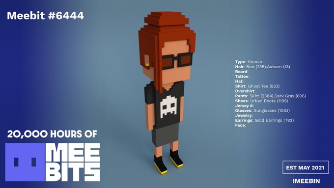 A voxel-style character called 'Meebit #6444' from the 20,000 Hours of MeeBits collection, featuring a human character with bun hair, sunglasses, skull shirt, urban boots, and gold earrings, established May 2021.