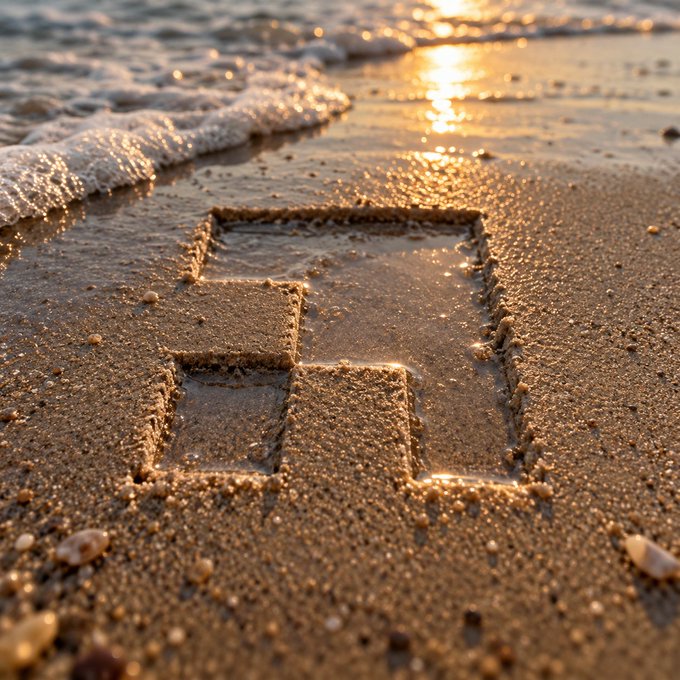 A letter 'F' traced into wet beach sand with ocean foam washing over it during a golden sunset.