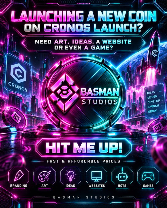 A neon-styled promotional flyer for 'BASMAN STUDIOS' offering services to launch coins on 'CRONOS', listing 'BRANDING, ART, IDEAS, WEBSITES, BOTS, GAMES' and a 'HIT ME UP!' call to action.