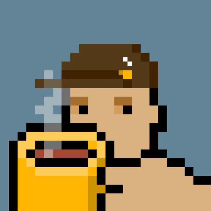 A pixel art character wearing a brown hat with an emblem and a yellow jacket, depicted from the chest up against a solid blue-gray background.