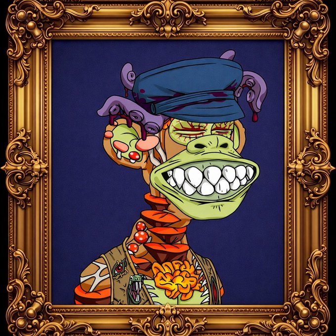 A framed cartoon-style painting depicting a green reptilian character wearing a blue cap, alongside a smaller character with a long nose, dripping with purple blood.