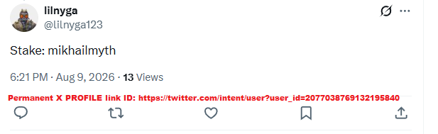 Tweet from user lilnyga (@lilnyga123) reading 'Stake: mikhailmyth' with a permanent X profile link ID, posted on August 9, 2026.