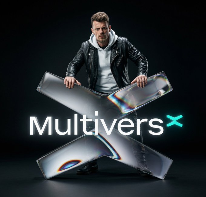 A man in a black leather jacket and white hoodie stands behind a large, translucent X-shaped object, with the word 'Multivers' written across it in white text with a teal 'x'.