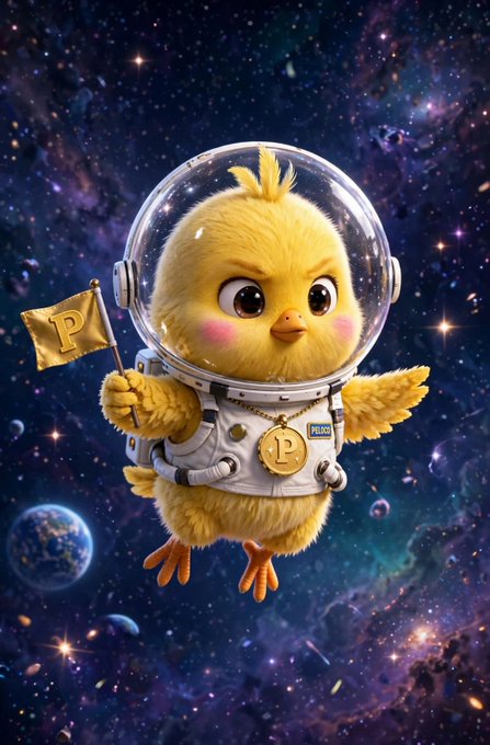 A fluffy yellow chick astronaut floats through a vibrant cosmic backdrop, wearing a clear bubble helmet and a white spacesuit, proudly waving a gold flag and sporting a medallion marked with the letter "P." The accompanying text, "Building PELOCO our way 🐣💛 No shortcuts, just keep going," aligns perfectly with the image's symbolism—the small, determined chick embodies perseverance and the humble, step-by-step journey of building the PELOCO brand, while the vast universe suggests limitless ambition and the long road ahead.