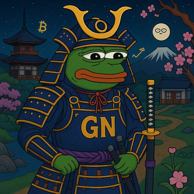 An illustration of a Pepe the Frog character dressed as a samurai in blue and gold armor with 'GN' on the chest, holding a katana, with a Bitcoin symbol, pagoda, Mt. Fuji, cherry blossoms, and a moon in the background.