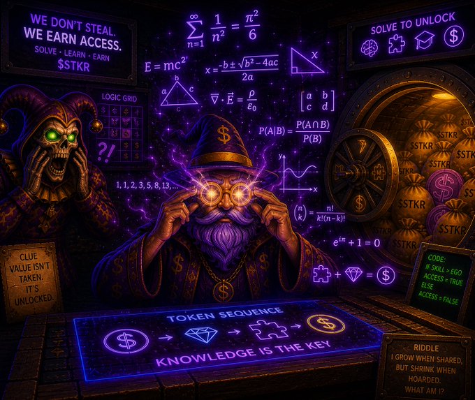 A dark fantasy digital artwork showing a hooded wizard decoding glowing purple mathematical formulas and equations, surrounded by puzzle clues and text including 'WE DON'T STEAL. WE EARN ACCESS.' and 'KNOWLEDGE IS THE KEY'.