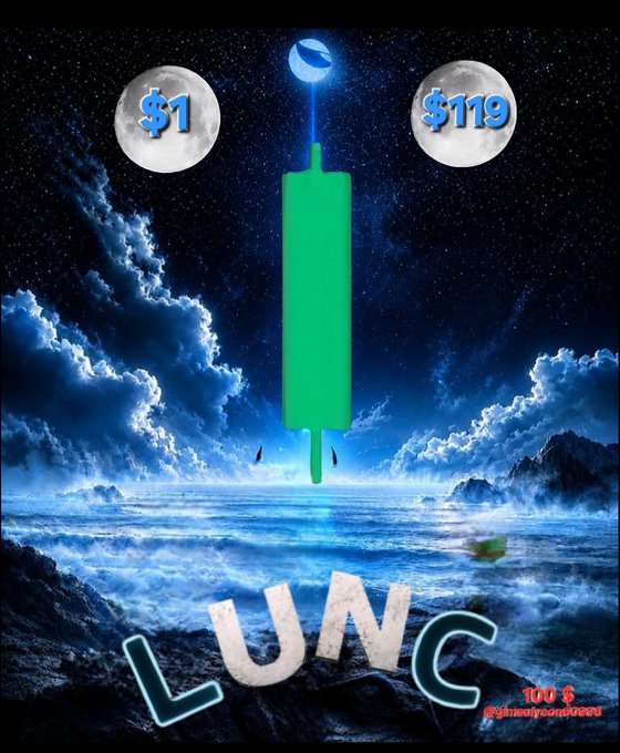 A surreal digital artwork featuring a green rocket launching into space between two moons labeled '$1' and '$119', with the word 'LUNC' displayed prominently over an ocean landscape.