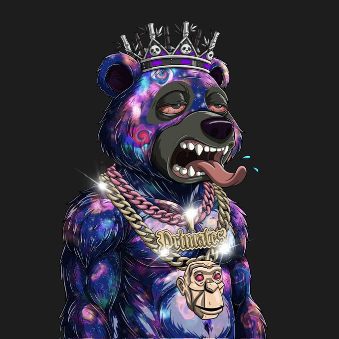 A digital illustration of a bear character with a cosmic purple and blue fur pattern, wearing a spiked crown and gold chains with a pendant that reads 'Primate'.