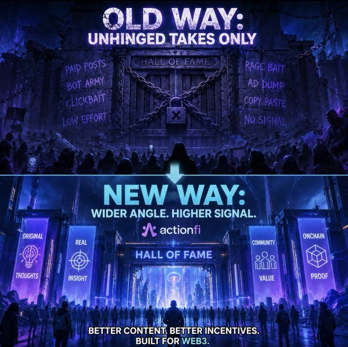 The image shows two different scenes of a large crowd gathered around a building, with one scene featuring a banner that reads "Old Way: Unhinged Takes Only" and another scene displaying a banner for "New Way: Wider Angle, Higher Signal". The text on both banners is in white. In the first scene, there are people standing outside a building, while in the second scene, they are inside the same building. Both scenes show a large group of people gathered around an entrance or doorway to a building.