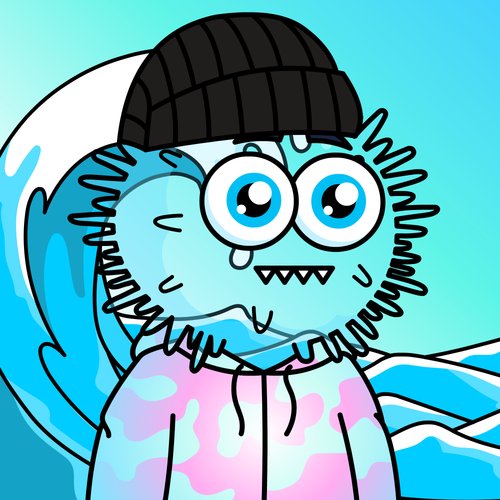 A cartoon illustration depicts a furry blue creature with big googly eyes, a small beard, and a black beanie against a turquoise background.