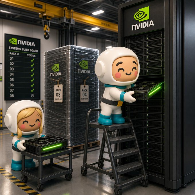 A 3D rendered scene of cute astronaut figures installing green-lit GPU cards into an NVIDIA server rack in a data center, with a status board showing 'SYSTEMS BUILD BOARD' checkmarks.