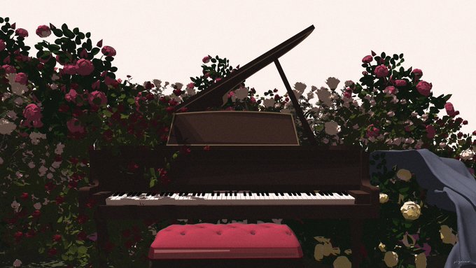 A digital illustration shows a black grand piano with a pink tufted bench, surrounded by lush pink and white rose bushes against a pale sky.