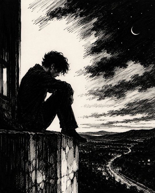 A black-and-white illustration of a melancholic figure sitting on a stone ledge overlooking a city with a crescent moon in the night sky.