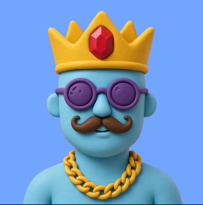 A 3D-rendered blue cartoon character with a brown mustache, purple glasses, a gold chain, and a yellow crown with a red gem.