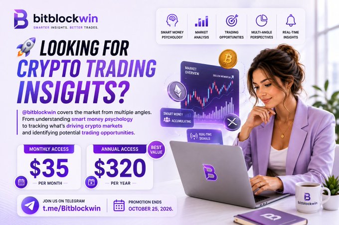 An advertisement for 'bitblockwin' promoting crypto trading insights, featuring a woman in a purple blazer at a laptop, with subscription pricing of $35 monthly or $320 annually and a Telegram link t.me/Bitblockwin.