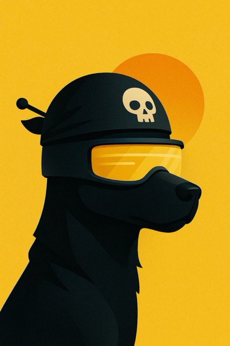 A stylized black dog wearing a helmet with a skull emblem and yellow visor, set against a vibrant yellow background with an orange sun, visually embodies the "Shibo" meme and its "Pull up for Shibo!" rallying cry.