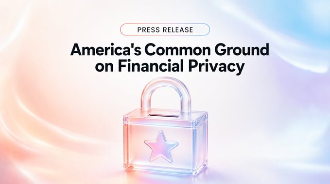 A press release graphic titled 'America's Common Ground on Financial Privacy' featuring a translucent padlock with a star symbol on a soft, colorful background.