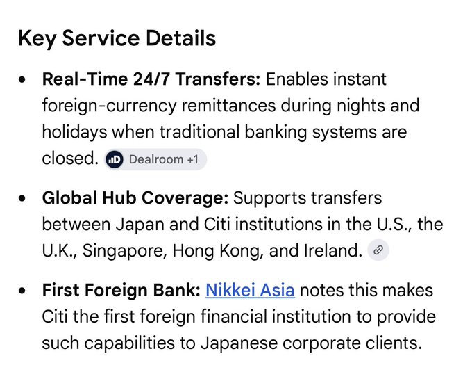 The image outlines Citi's key service details for its new Japanese tokenized deposit offering, including real-time 24/7 foreign-currency transfers, global hub coverage spanning the U.S., U.K., Singapore, Hong Kong, and Ireland, and its status as the first foreign bank to provide such capabilities to Japanese corporate clients—reinforcing the post's announcement that Citi will launch tokenized deposits in Japan later this year.