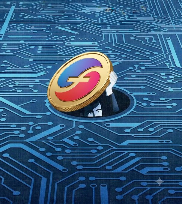 A digital illustration of a gold coin with a stylized 'G' logo emerging from a blue circuit board, with a small cartoon character peeking out from a hole beneath the coin.
