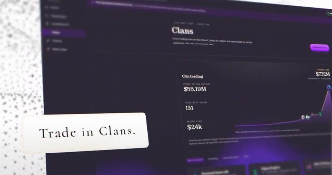 A promotional screenshot of a digital platform displaying a 'Clans' trading interface with metrics like '$55.19M' and '$72.2M', accompanied by a banner reading 'Trade in Clans.'