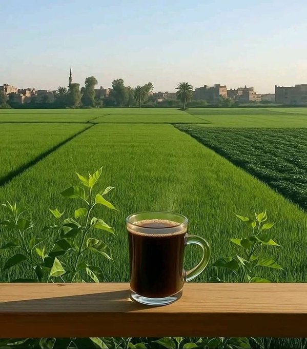 A scenic view of vibrant green agricultural fields stretching toward a distant town skyline, with a glass mug of dark coffee resting on a wooden ledge in the foreground.