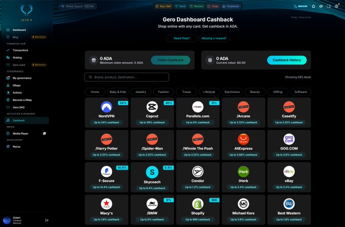 The image shows the Gero Dashboard's Cashback page, featuring a grid of 585 supported retailers with cashback percentages ranging from 1.4% to 36%, including popular brands like NordVPN, J!Arcane, Casetify, Harry Potter, AliExpress, and eBay. The page also displays a "Claim Cashback" section showing 0 ADA minimum claim amount and 5 ADA current value, directly supporting the post's message that users can automatically earn $ADA cashback by shopping through the GeroWallet extension.