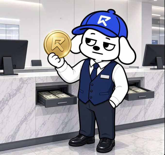 A cartoon dog mascot wearing a blue cap and vest, holding a gold coin with the 'R' symbol, standing in what appears to be a bank or financial institution with cash drawers visible.