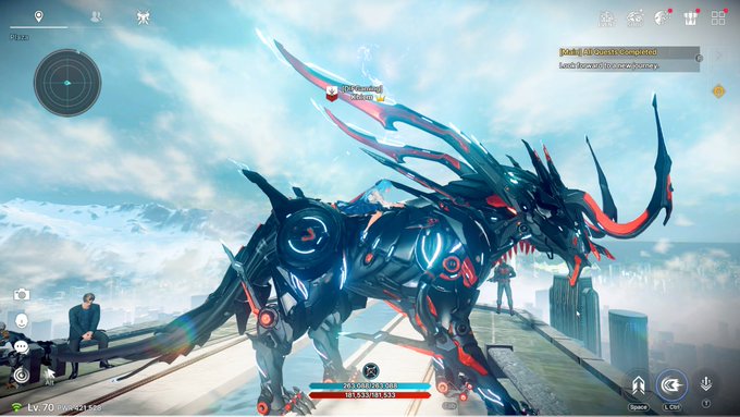 A video game screenshot showing a player battling a large, menacing black and red mechanical dragon-like creature in a mountainous environment.