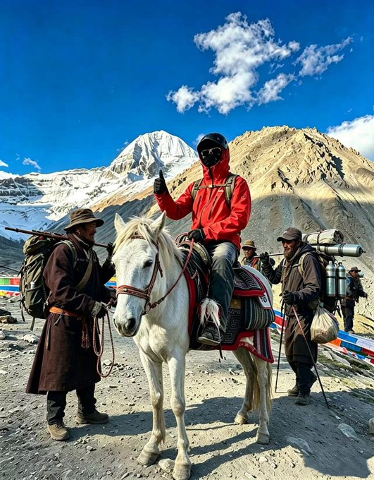 A mountain scene where a person in a red jacket and motorcycle helmet rides a white horse, flanked by two other individuals carrying large backpacks in a rocky, high-altitude landscape.