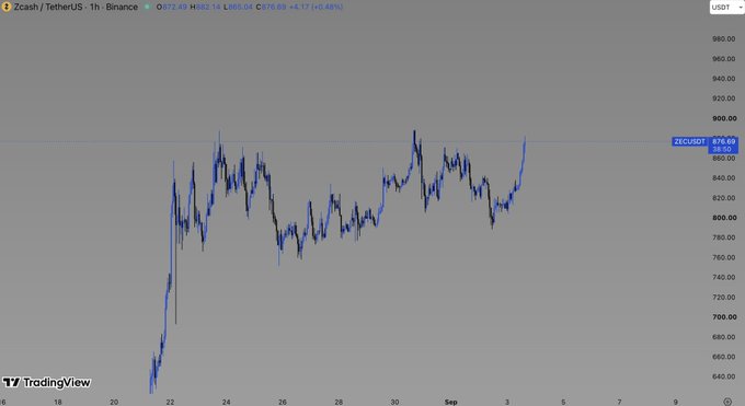 A TradingView price chart for Zcash/TetherUS (ZECUSDT) on the 1-hour timeframe from Binance shows the cryptocurrency's price surging to approximately $876.69, up 4.48% at the time of capture. The chart illustrates a sharp rally from around $650 in late August to recent highs near $880, visually supporting the "Holy $ZEC" sentiment by highlighting Zcash's strong upward momentum.