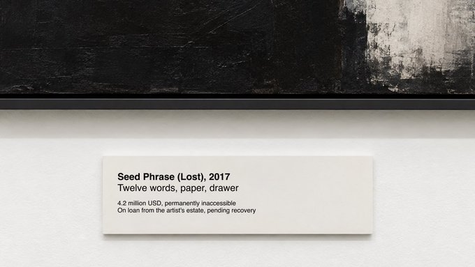 A gallery wall label reading "Seed Phrase (Lost), 2017, Twelve words, paper, drawer, 4.2 million USD, permanently inaccessible, On loan from the artist's estate, pending recovery," mounted below a dark artwork.