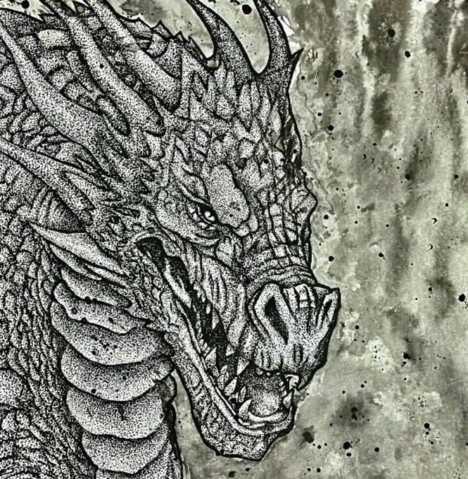 A detailed black-and-white ink-style illustration depicts the head and upper body of a fierce, scaly dragon with sharp horns, set against a speckled gray background.
