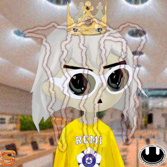 An animated cartoon character with white hair, glasses, and a crown wearing a yellow 'REMI' shirt with a Burger King logo, set against a stylized background with logos in the corners.