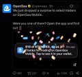A Twitter/X post from OpenSea responding to a user about their competition to collect traitless 'OpenSea Twitter Handles', featuring small character images.