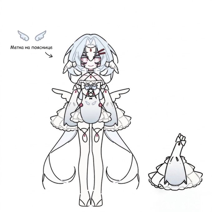 A character design sketch featuring an anime-style figure with white hair, wings, and a frilly outfit, with a Russian annotation reading 'Метка на пояснице' (mark on the lower back).