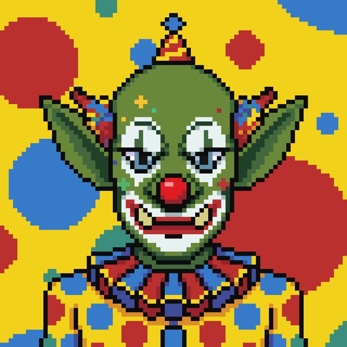 A colorful pixel art portrait of a green-skinned character with pointed ears, a red clown nose, and clown makeup, wearing a small party hat and ruffled collar against a yellow background with multicolored polka dots.