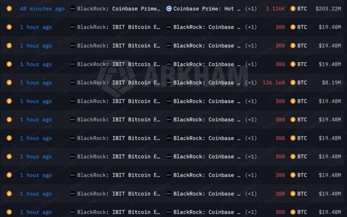A blockchain transaction log from Arkham showing multiple BlackRock transfers of IBIT Bitcoin E to Coinbase, with amounts ranging from 300 to 126.168 BTC.
