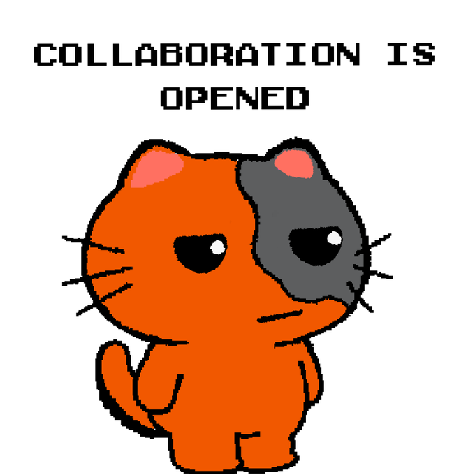 A cartoon orange and gray cat with a skeptical expression stands below pixelated text reading 'COLLABORATION IS OPENED'.