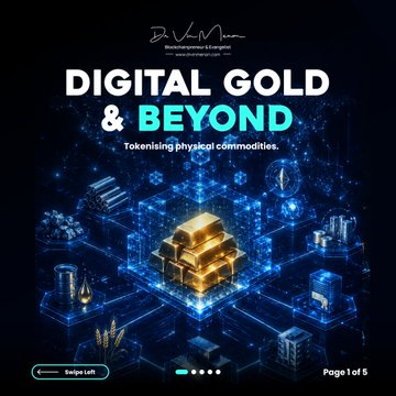 A presentation slide titled 'DIGITAL GOLD & BEYOND: Tokenizing physical commodities' showing gold bars displayed within a futuristic blue digital/technological background, marked as 'Page 1 of 5' with navigation indicating 'Swipe Left'.