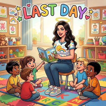 A colorful cartoon illustration showing a teacher reading to a group of children on the floor, with 'LAST DAY' displayed at the top.