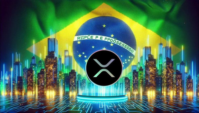 A vibrant graphic featuring the XRP logo superimposed over the Brazilian flag, with a glowing circuit board pattern and futuristic cityscape in the background, containing garbled text reading 'RIIPLE PE PPDQSESSSSO'.