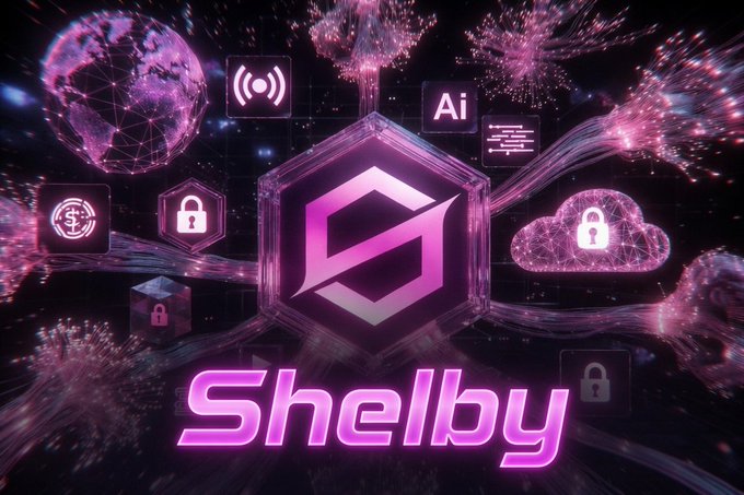 The image features a purple logo with the word "Shelby" written below it. The background of the image is black, but there are pink elements scattered throughout, including icons related to cloud storage, such as a globe and a cube. These elements create an interesting contrast against the dark background, making the purple logo stand out prominently.